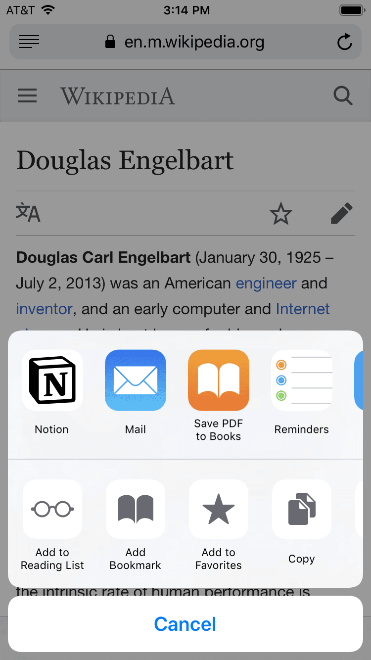 iOS 기기에서 링크를 공유할때의 스크린샷. 공유할 앱의 목록에 Notion이 포함되어 있음