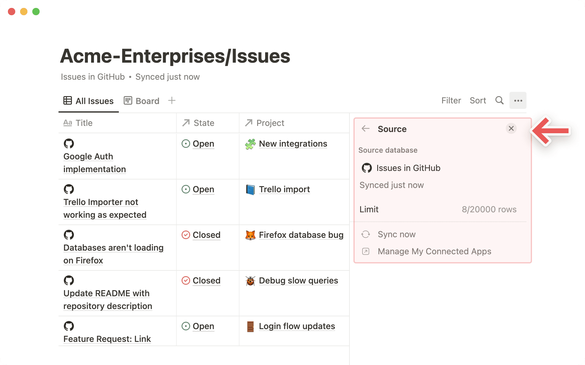 동기화된 데이터베이스 소스