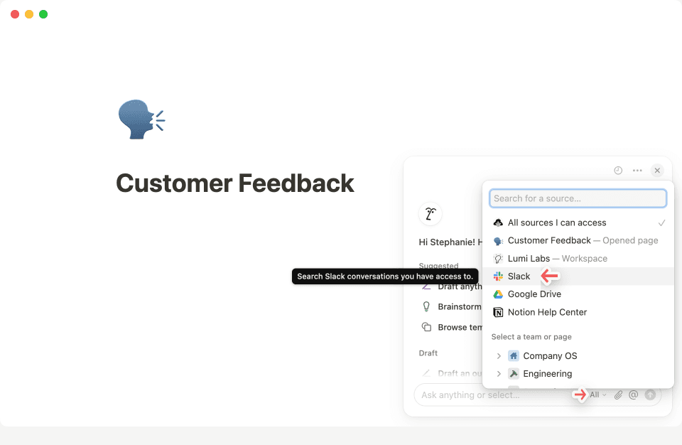 Notion AI 채팅의 오른쪽 상단에 있는 점 3개 메뉴를 클릭하여 Slack에 연결하세요.