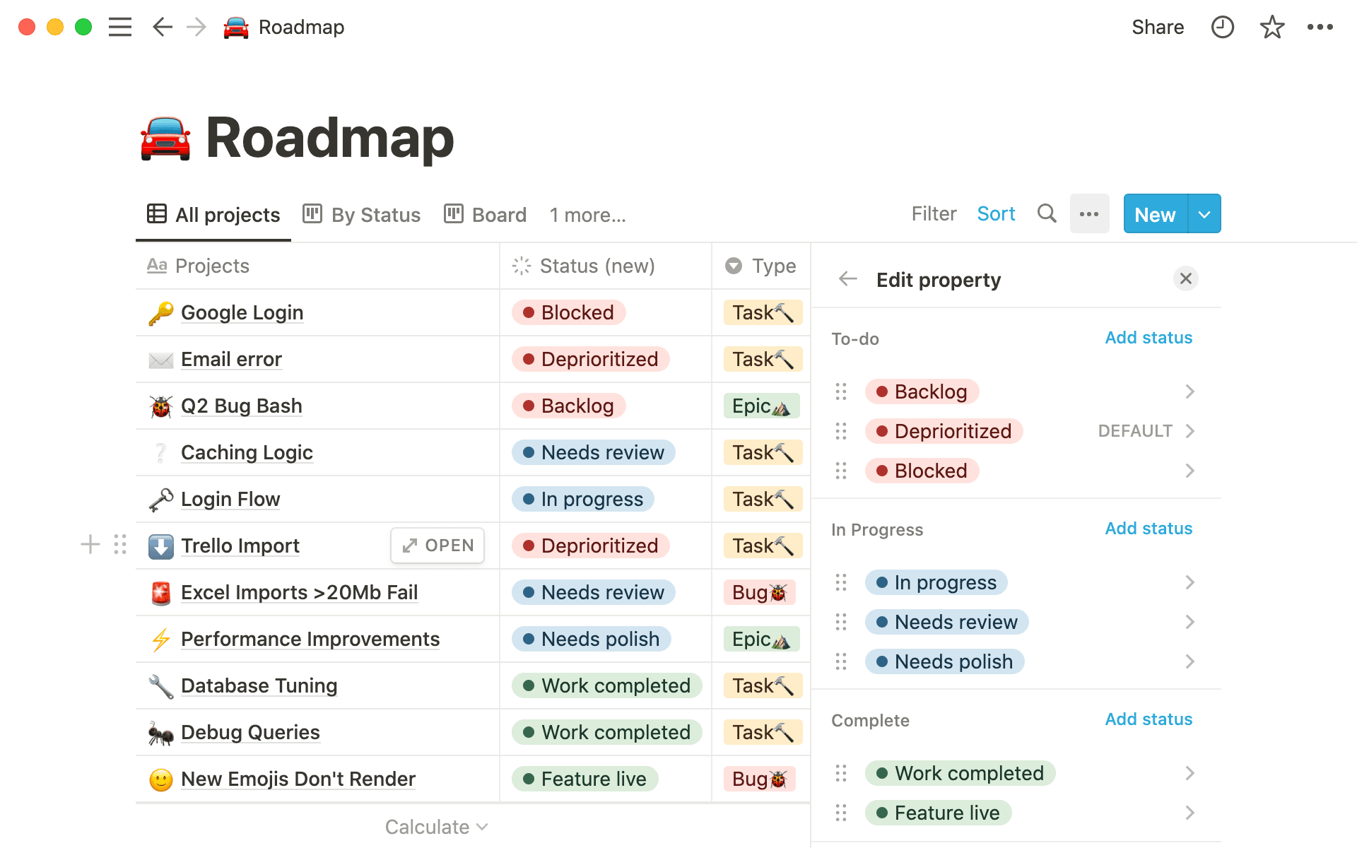 상태 속성을 사용해 업무 진행 상태를 빠르게 확인하세요. 하위 카테고리도 커스텀하여 추가할 수 있습니다.