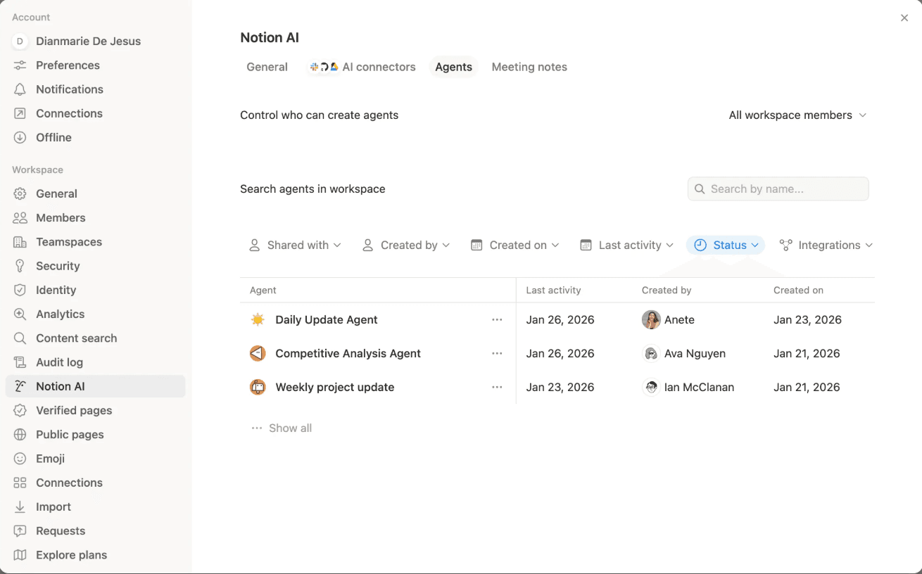 Notion AI 내부의 에이전트 디렉토리 이미지