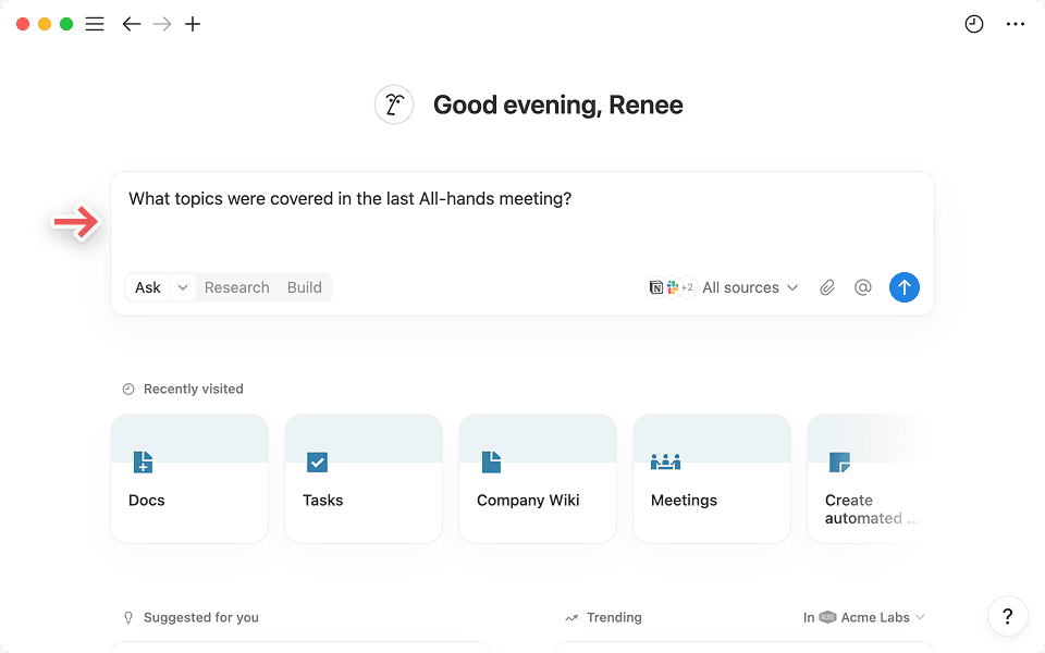 Notion 홈페이지 전면 중앙에 검색창이 있습니다.