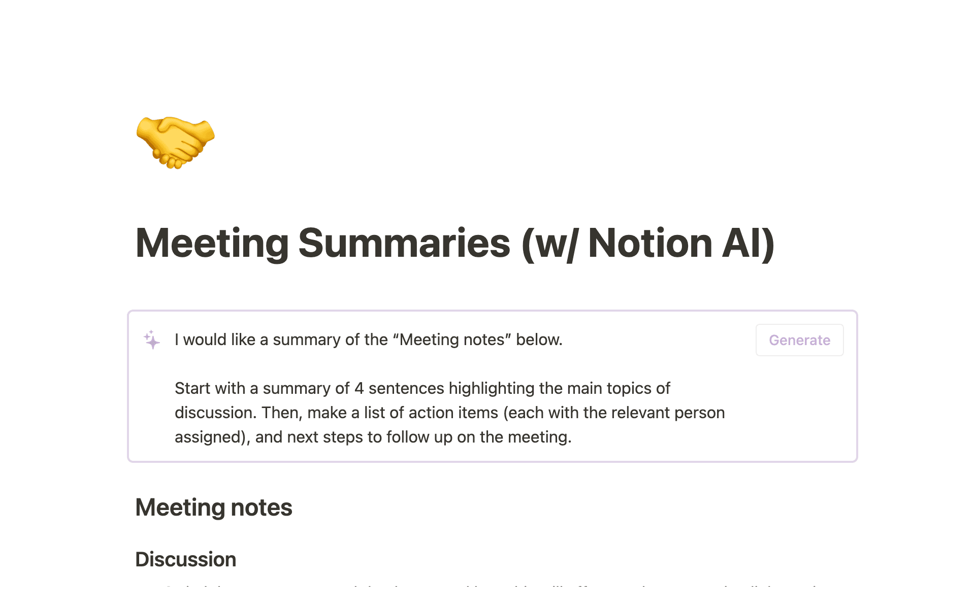 Notion AI’s interface shows a prompt to summarize meeting notes and generate action items from discussion content.
