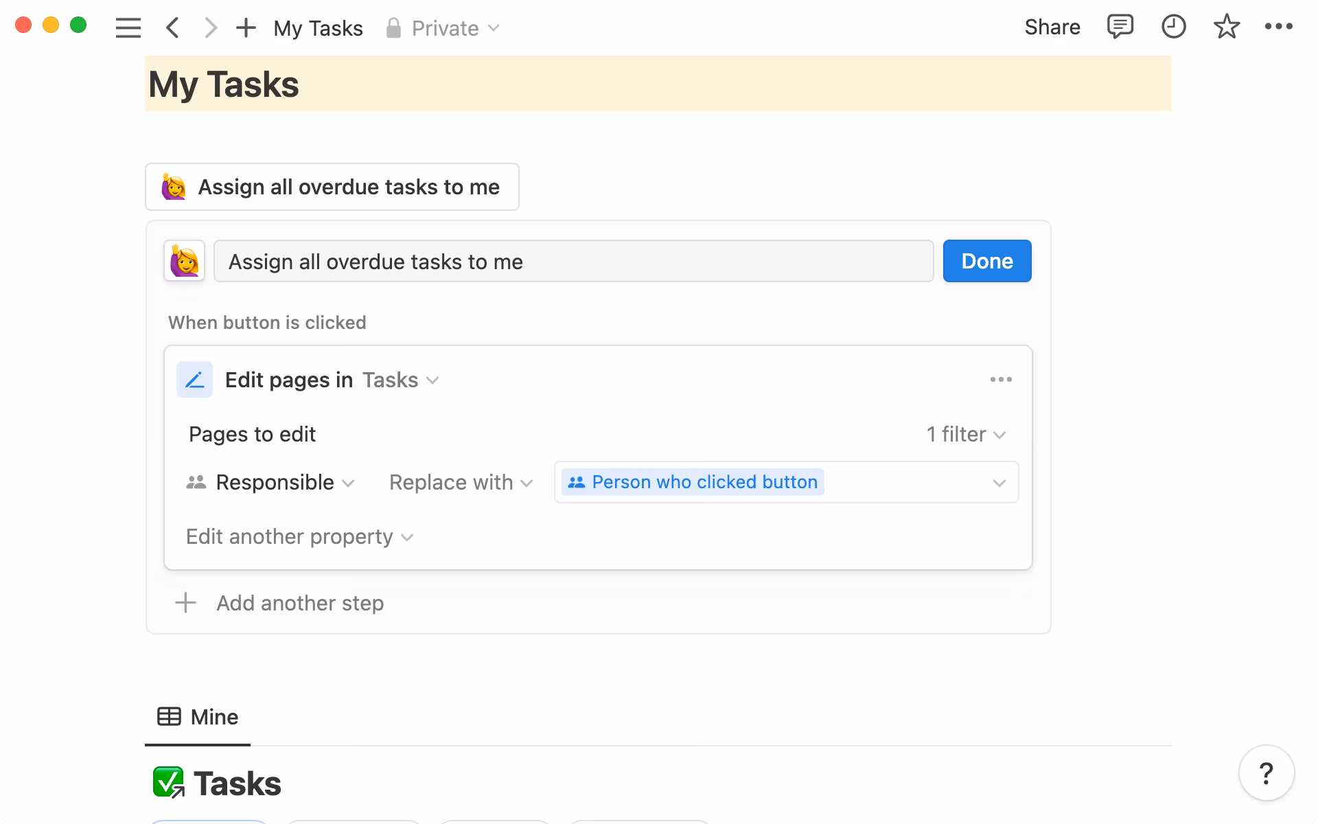 적용한 필터에 따라 데이터베이스의 특정 항목을 편집할 수 있는 버튼을 구성할 수 있습니다.