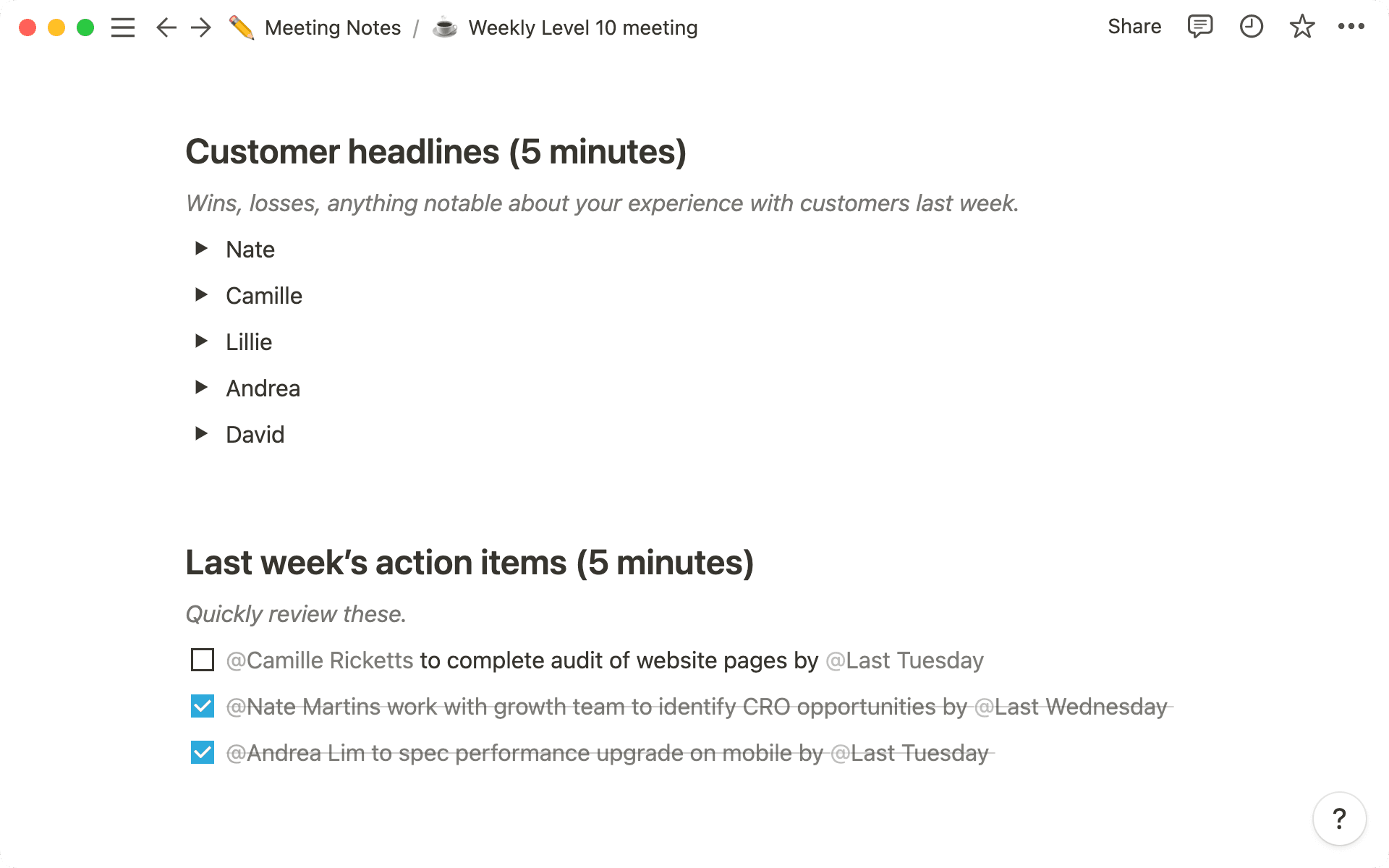 사람과 날짜를 태그하여 액션 아이템이 설정되어 있는지 확인할 수 있습니다.